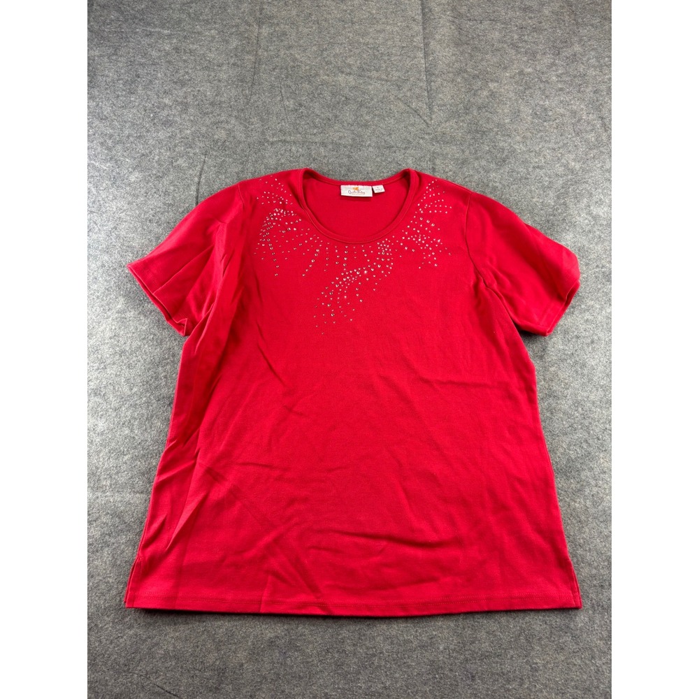 Quacker Factory Red Rhinestone Embellished Short Sleeve Top Womens L